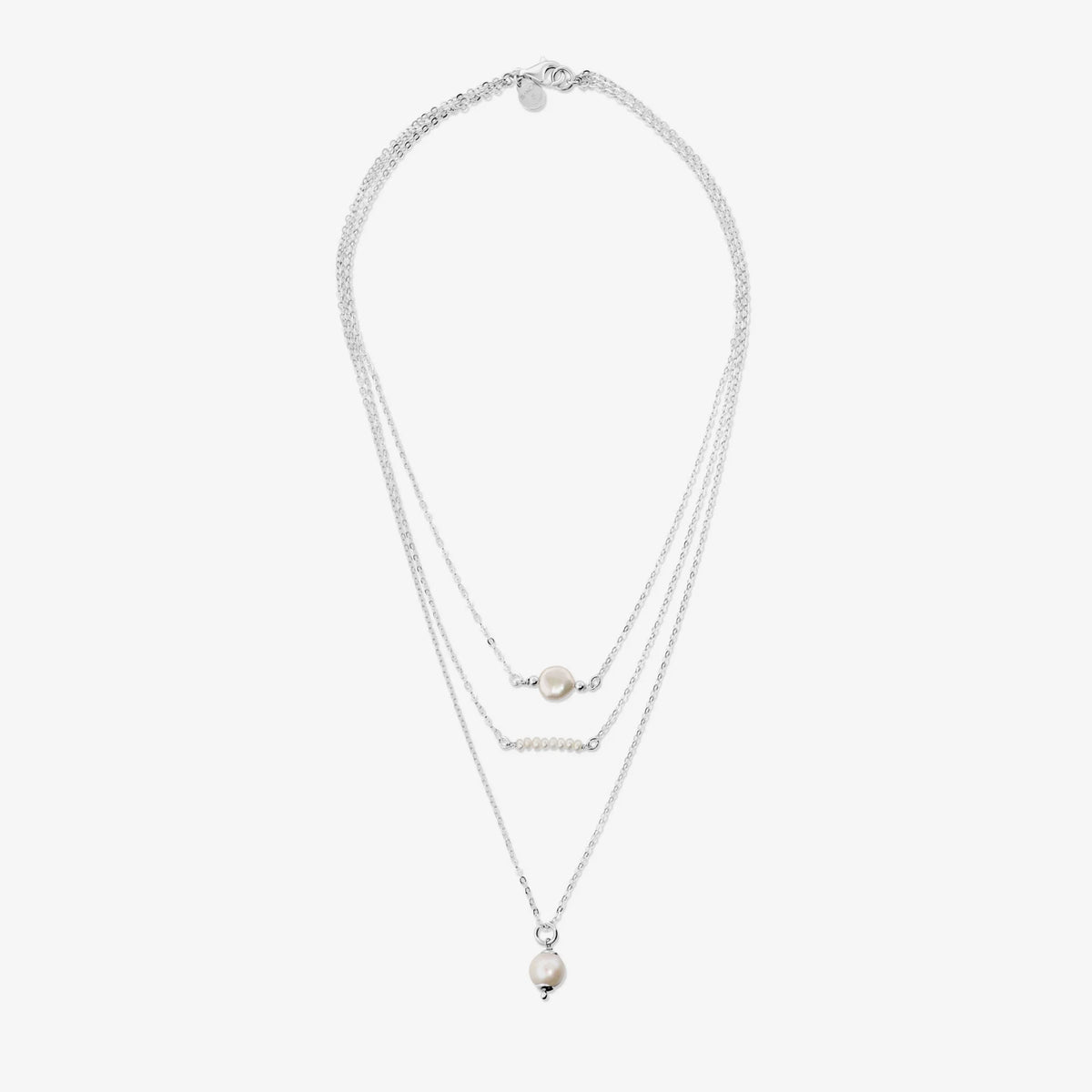 Collana Multifilo Graduata in Argento 925 placcata oro bianco con Perle d'Acqua Dolce Bianche