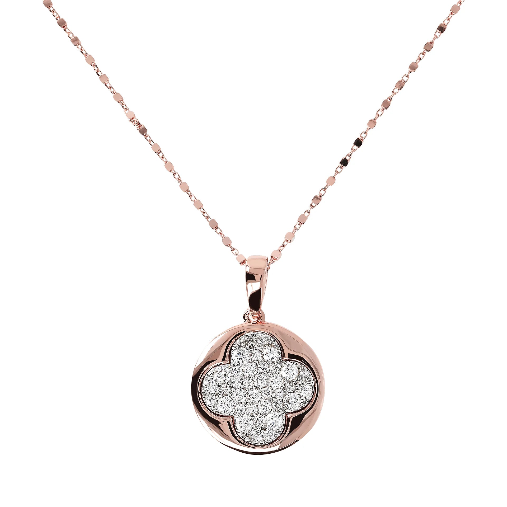 Collana Maglia a Cubetti diamantata e Pendente Tondo con Quadrifoglio in Pavé di Cubic Zirconia
