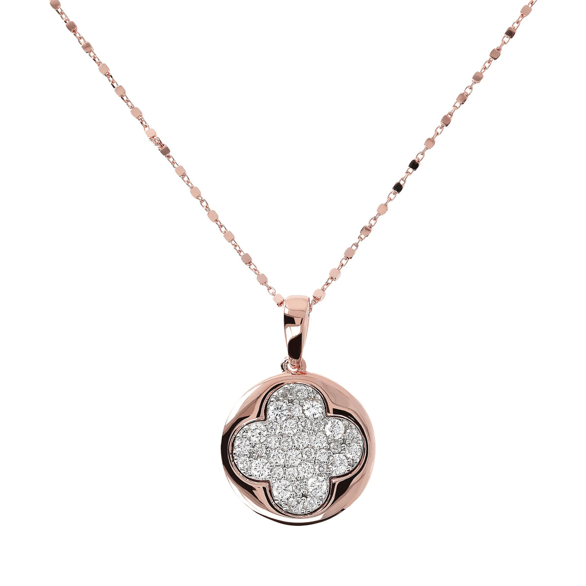 Collana Maglia a Cubetti diamantata e Pendente Tondo con Quadrifoglio in Pavé di Cubic Zirconia