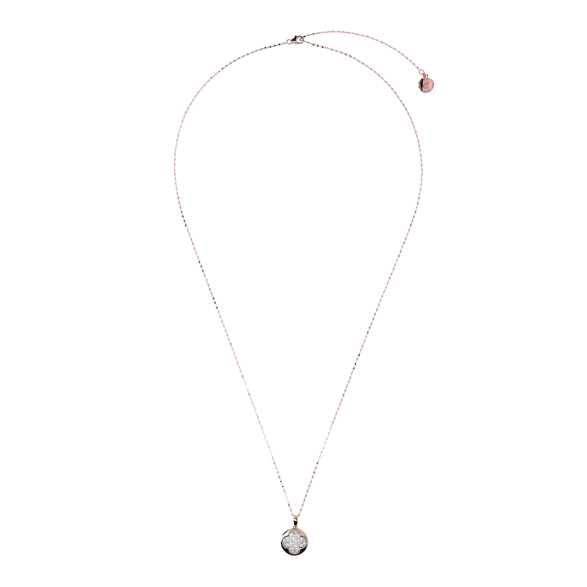 Collana Maglia a Cubetti diamantata e Pendente Tondo con Quadrifoglio in Pavé di Cubic Zirconia