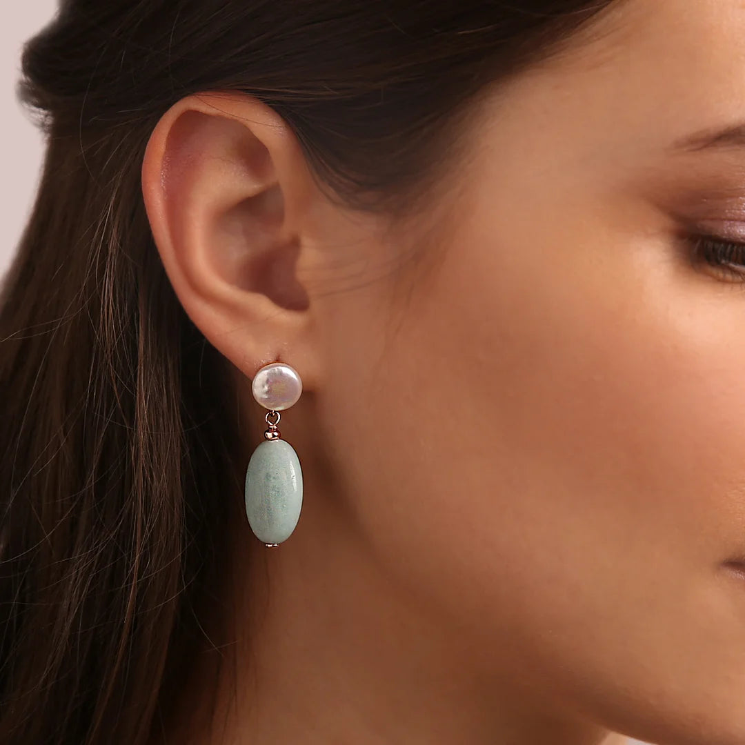 Orecchini Pendenti con Amazzonite e Perle Bianche d'Acqua Dolce Ø 8.5 mm