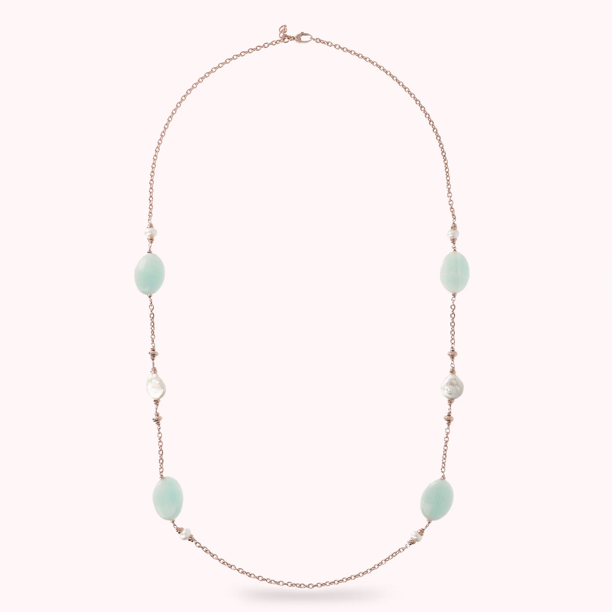 Collana Lunga con Amazzonite e Perle d'Acqua Dolce Bianche Ø 7/14 mm