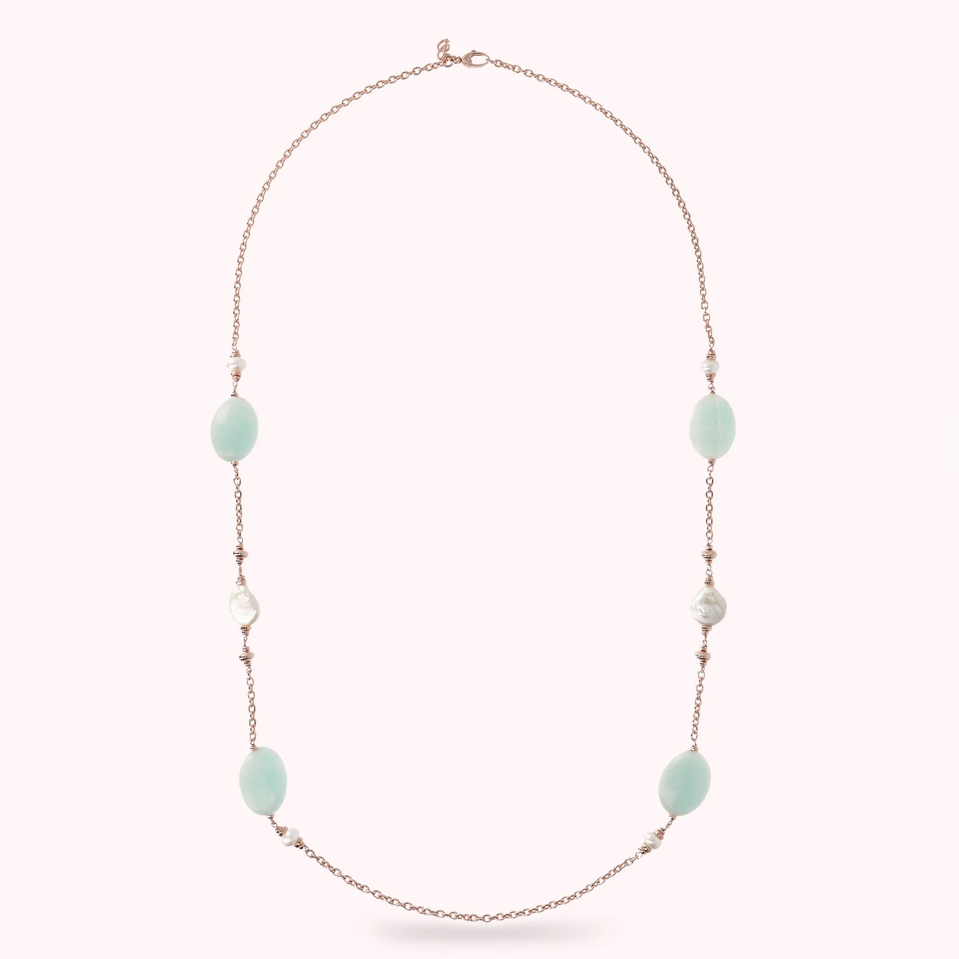 Collana Lunga con Amazzonite e Perle d'Acqua Dolce Bianche Ø 7/14 mm
