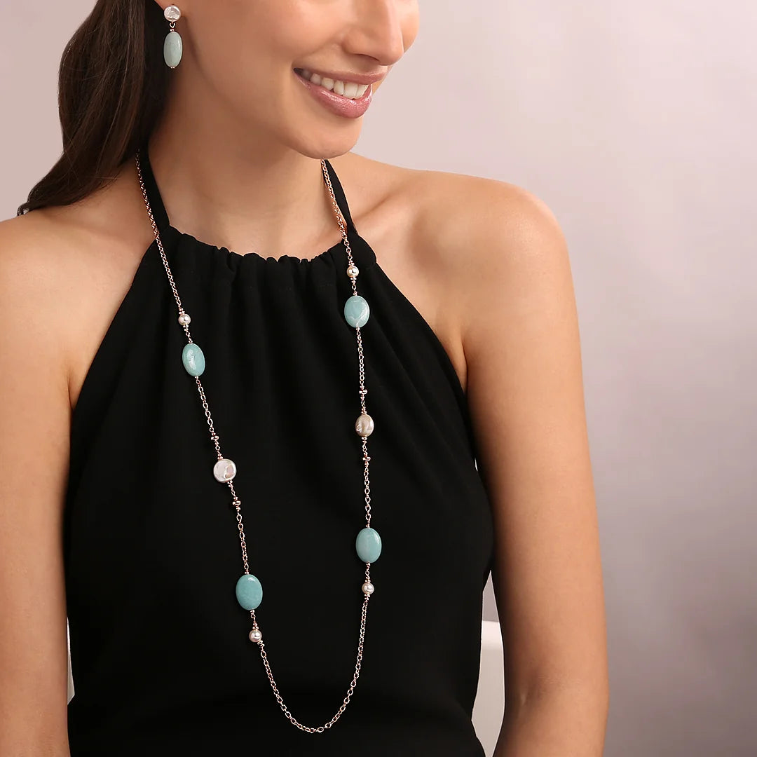 Collana Lunga con Amazzonite e Perle d'Acqua Dolce Bianche Ø 7/14 mm