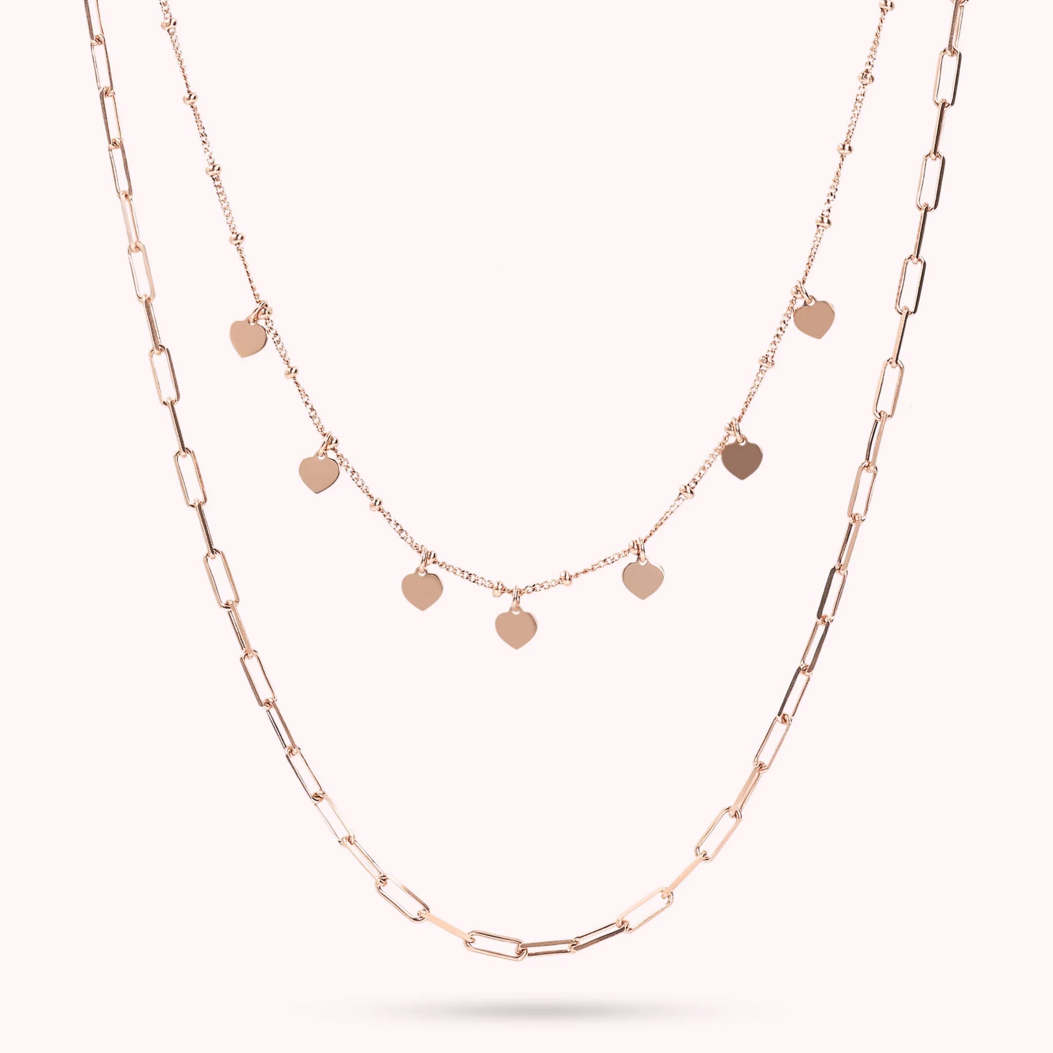 Collana Multifilo Maglia rettangolare e Rosario con Charms a Cuore placcata Oro Rosa 18kt