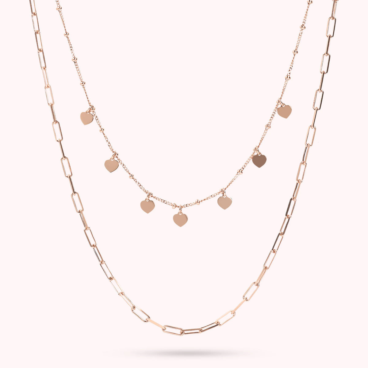 Collana Multifilo Maglia rettangolare e Rosario con Charms a Cuore placcata Oro Rosa 18kt