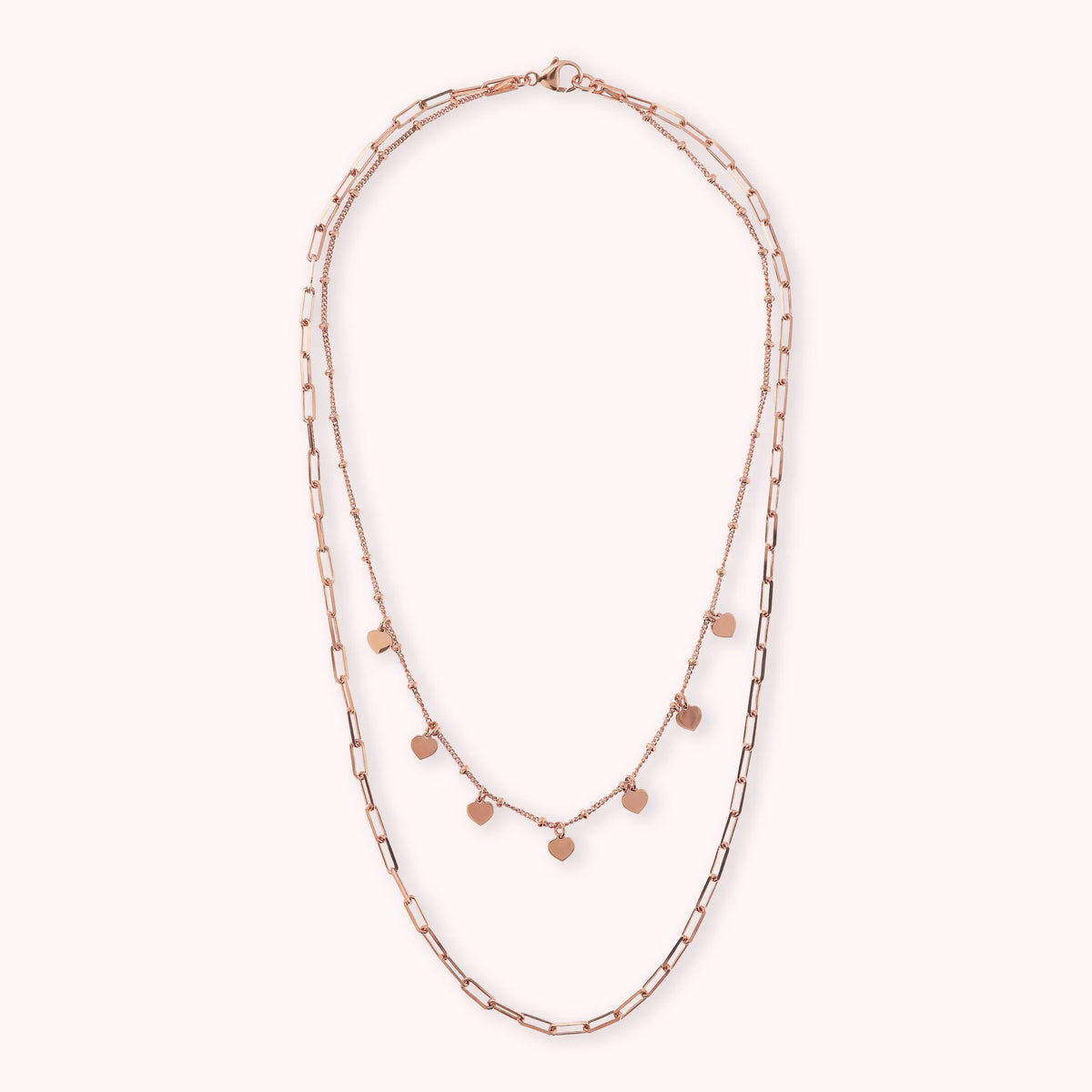 Collana Multifilo Maglia rettangolare e Rosario con Charms a Cuore placcata Oro Rosa 18kt