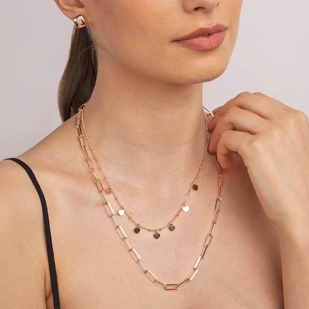 Collana Multifilo Maglia rettangolare e Rosario con Charms a Cuore placcata Oro Rosa 18kt