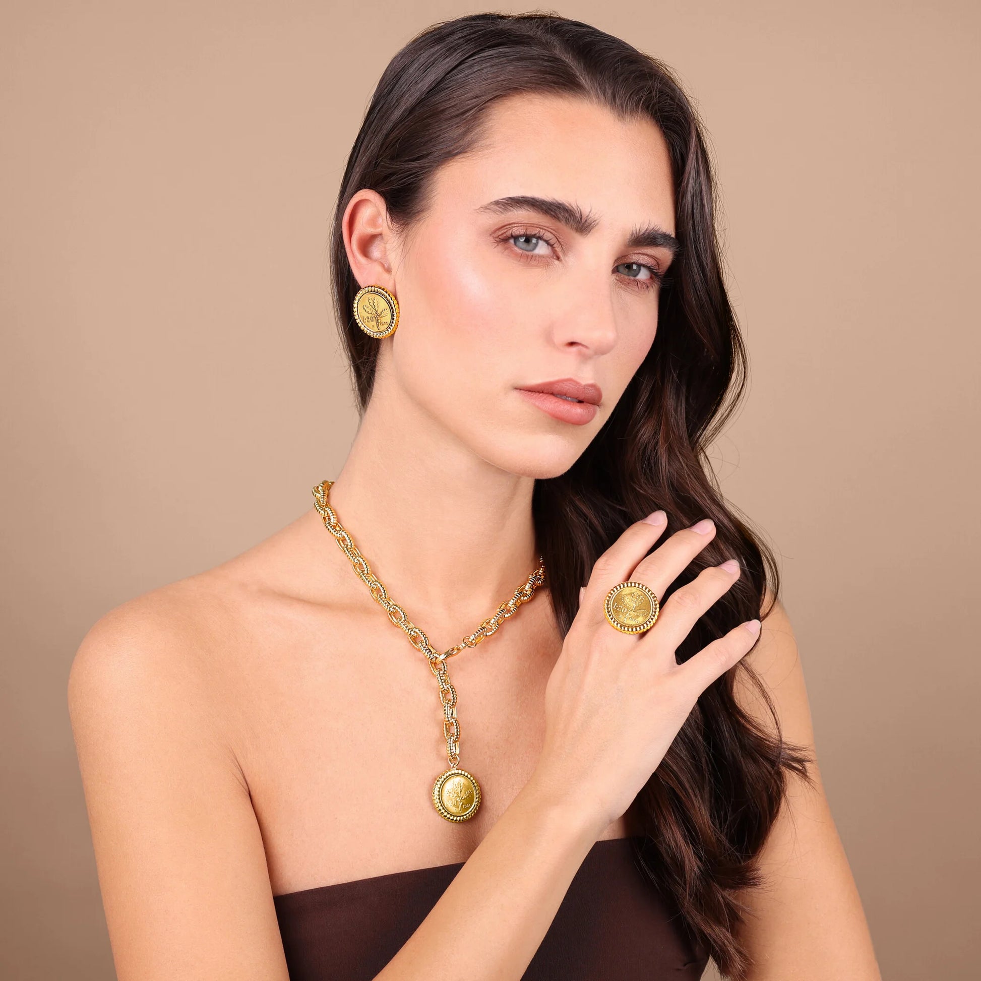 Anello Cocktail Texture Rigata con Moneta