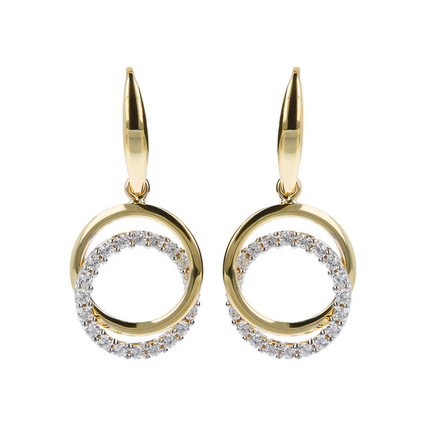Bicolor Double Circle Pendant Earrings with 9 Carat Gold Cubic Zirconia