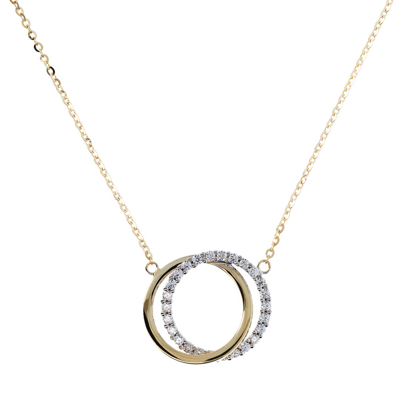 Necklace with Forzatina Chain and Double Circle Pendant in 9 Carat Gold Cubic Zirconia