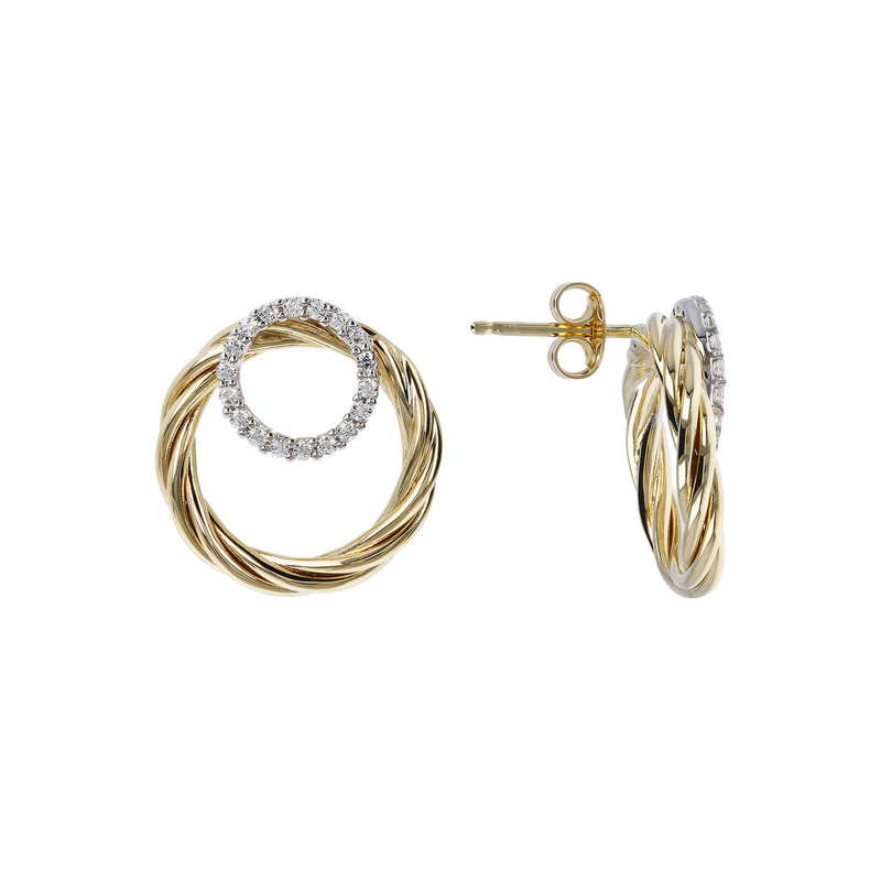 Earrings with Bicolor Double Circle in 9 Carat Gold Cubic Zirconia