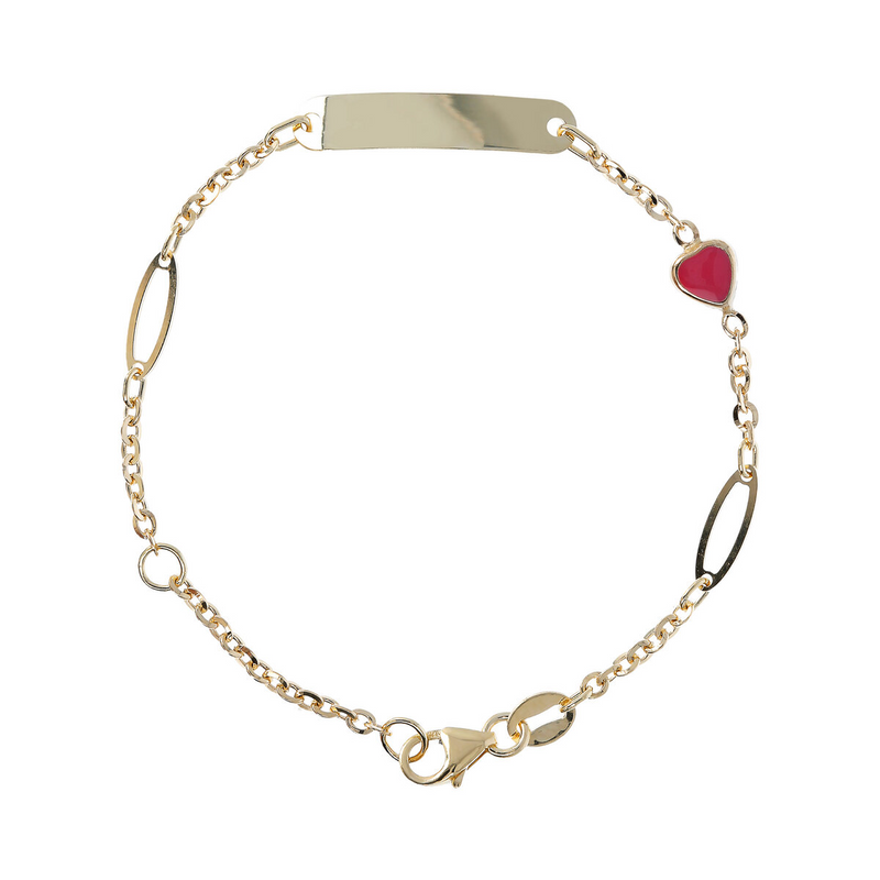 Baby Rolo Chain Bracelet 9 Carat Gold with Bar and Enamelled Heart