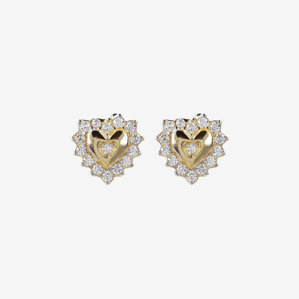 Boucles d'Oreilles Clous avec Cœur et Cubic Zirconia Or 9 Carats