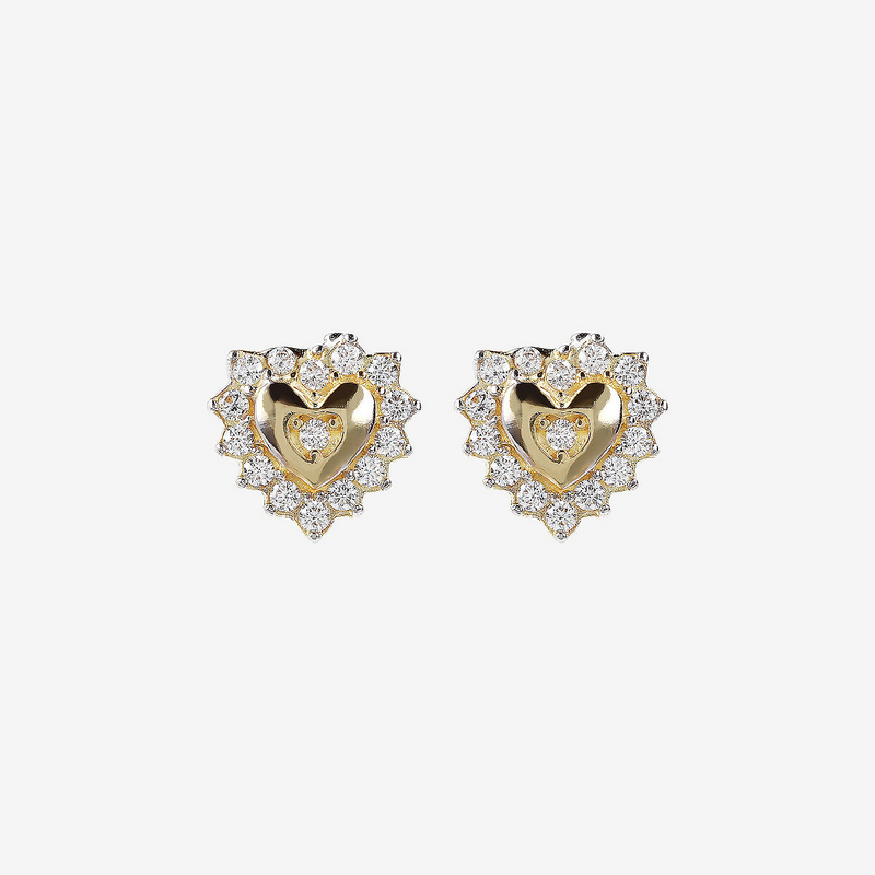 Stud Earrings with Heart and Cubic Zirconia 9 Carat Gold