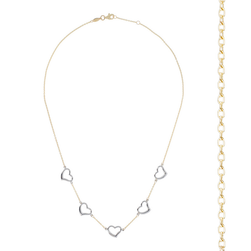 Rolo Chain Necklace with Two-Tone Hearts Station in 9K Gold