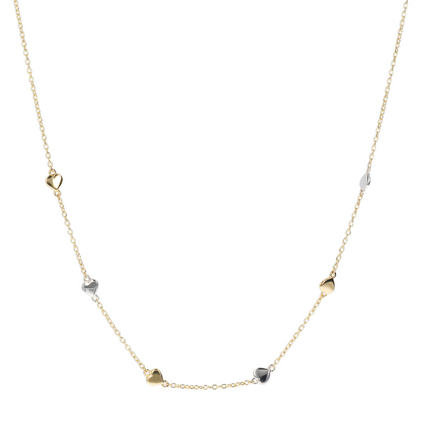 Collier chaîne Rolo avec petits cœurs bicolores en or 9 carats