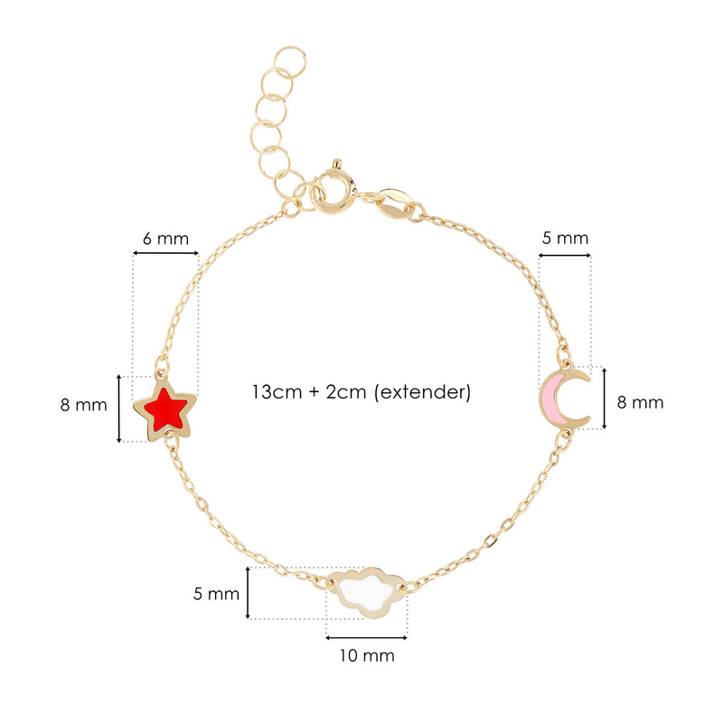 Bracelet bébé avec chaîne Forzatina et éléments du ciel en or 9 carats