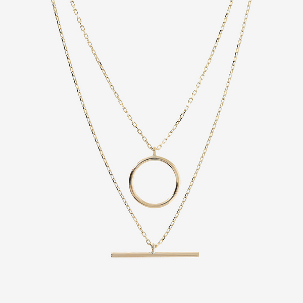 Collana Doppia Catena Forzatina con Pendenti Cerchio e Barretta Oro 375