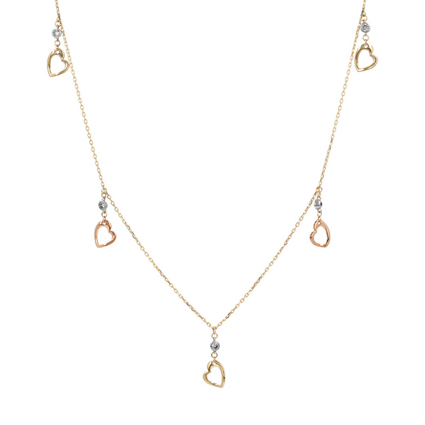 Rolo Chain Necklace with Heart Charms and Cubic Zirconia 9 Carat Gold