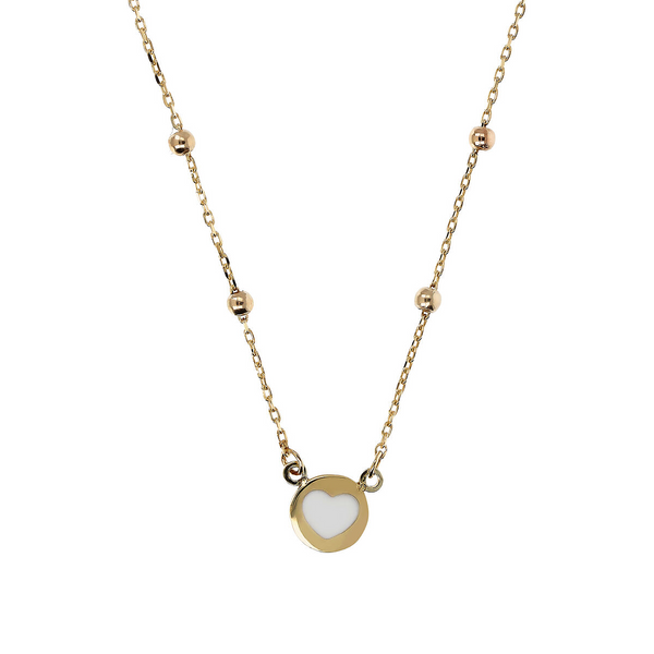 Forzatina-Halskette mit Perlen- und Herzanhänger aus weißer Emaille und 375er Gold 