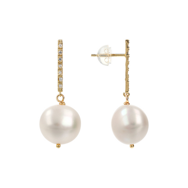 375 Gold Pendant Earrings with Pavé in Cubic Zirconia and White Freshwater Pearl