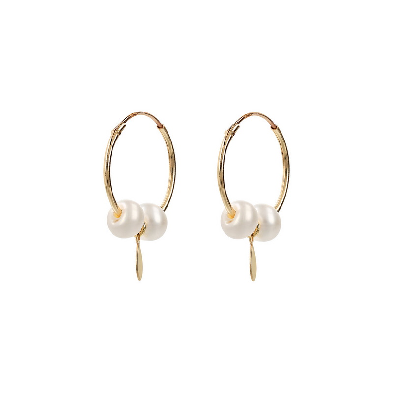 375 Gold Hoop Earrings with Drop Pendant and White Freshwater Pearls