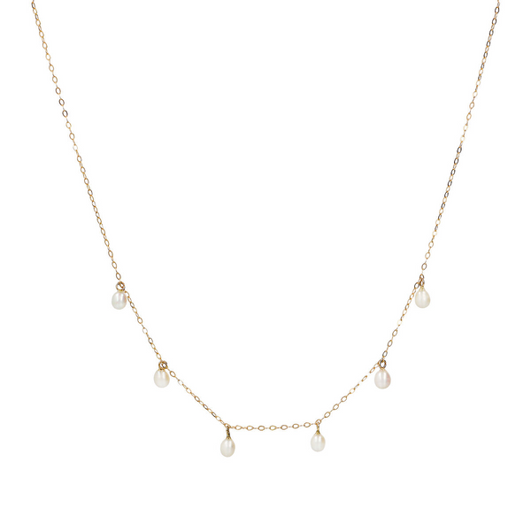 Halskette aus 375er Gold mit tropfenförmigen Anhängern aus weißen Süßwasserperlen
