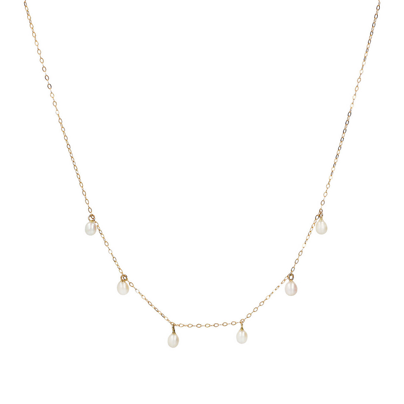 Halskette aus 375er Gold mit tropfenförmigen Anhängern aus weißen Süßwasserperlen