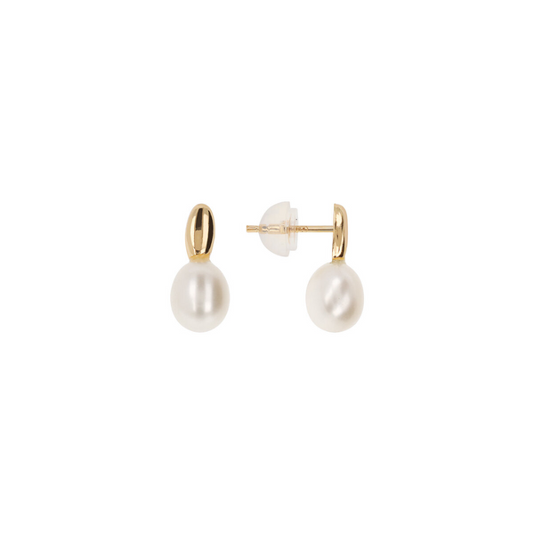 375 Gold Lobe Earrings with Teardrop Element and White Freshwater Pearls
