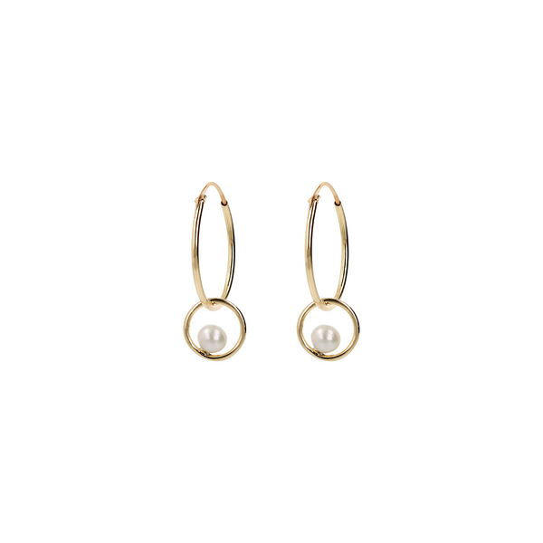 375 Gold Hoop Earrings with Rings and White Freshwater Pearls