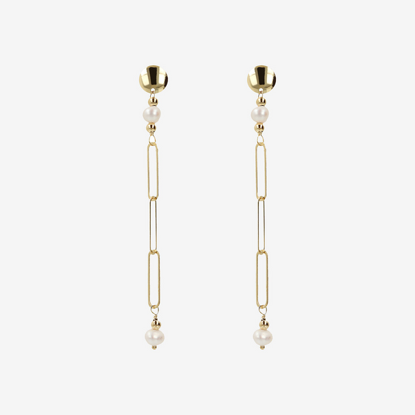 Boucles d'oreilles pendantes en or 375 avec maillon Forzatina allongé et perles d'eau douce blanches