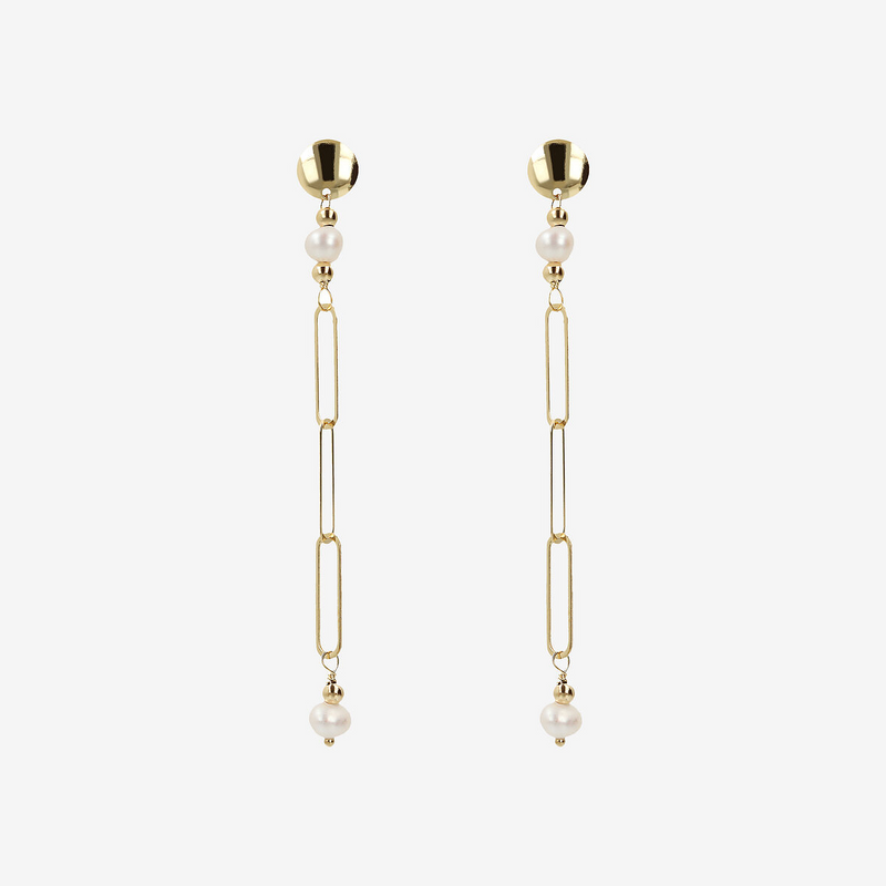 Orecchini Pendenti Oro 375 con Maglia Forzatina Allungata e Perle Bianche d'Acqua Dolce Ø 3.5 mm