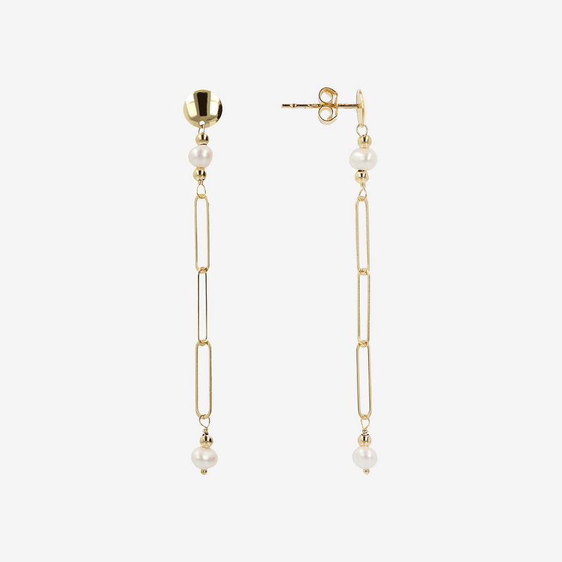 Orecchini Pendenti Oro 375 con Maglia Forzatina Allungata e Perle Bianche d'Acqua Dolce Ø 3.5 mm