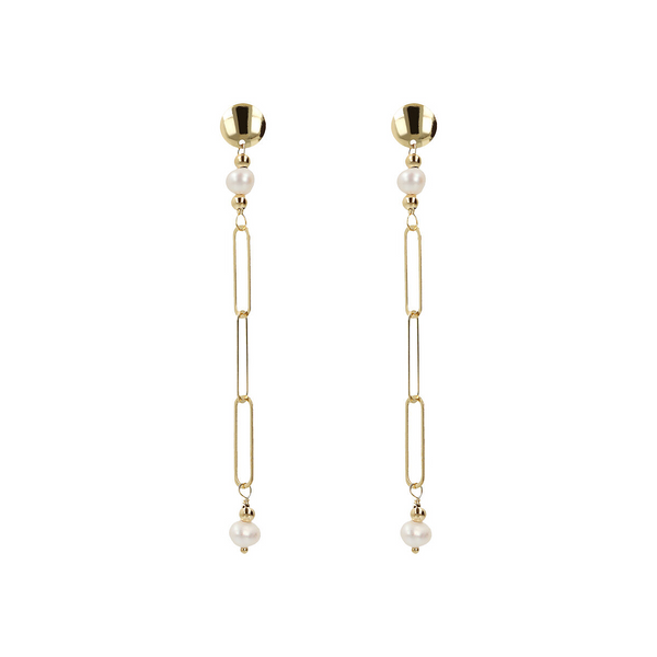 Boucles d'oreilles pendantes en or 375 avec maillon Forzatina allongé et perles d'eau douce blanches