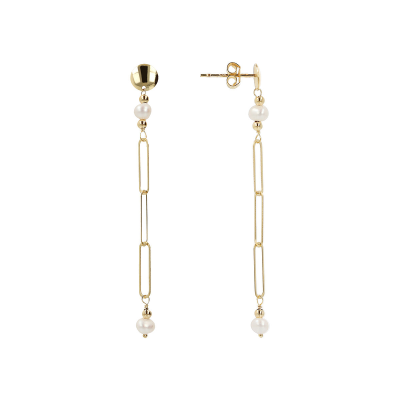 375 Gold Pendant Earrings with Elongated Forzatina Link and White Freshwater Pearls