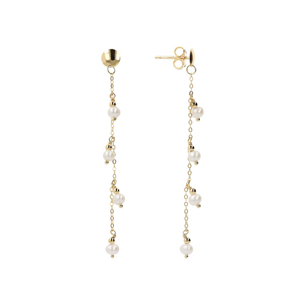 Boucles d'oreilles pendantes en fil d'or 375 avec pendentifs en perles d'eau douce blanches