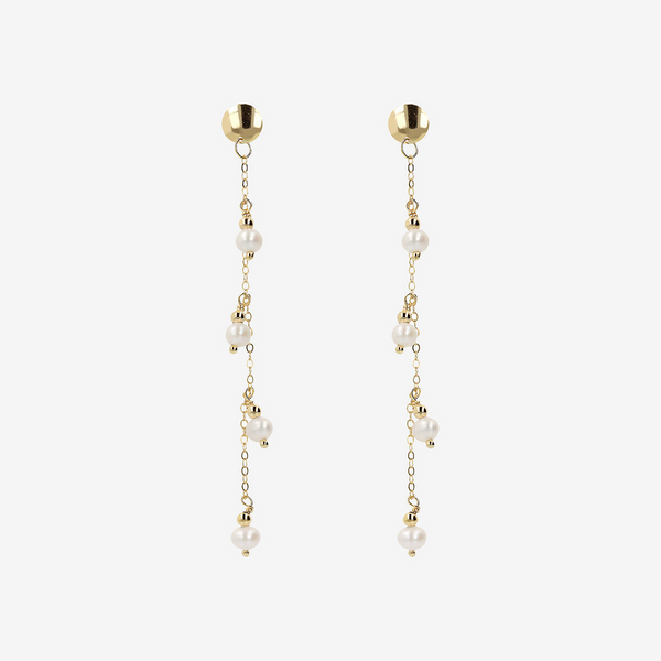 Boucles d'oreilles pendantes en fil d'or 375 avec pendentifs en perles d'eau douce blanches