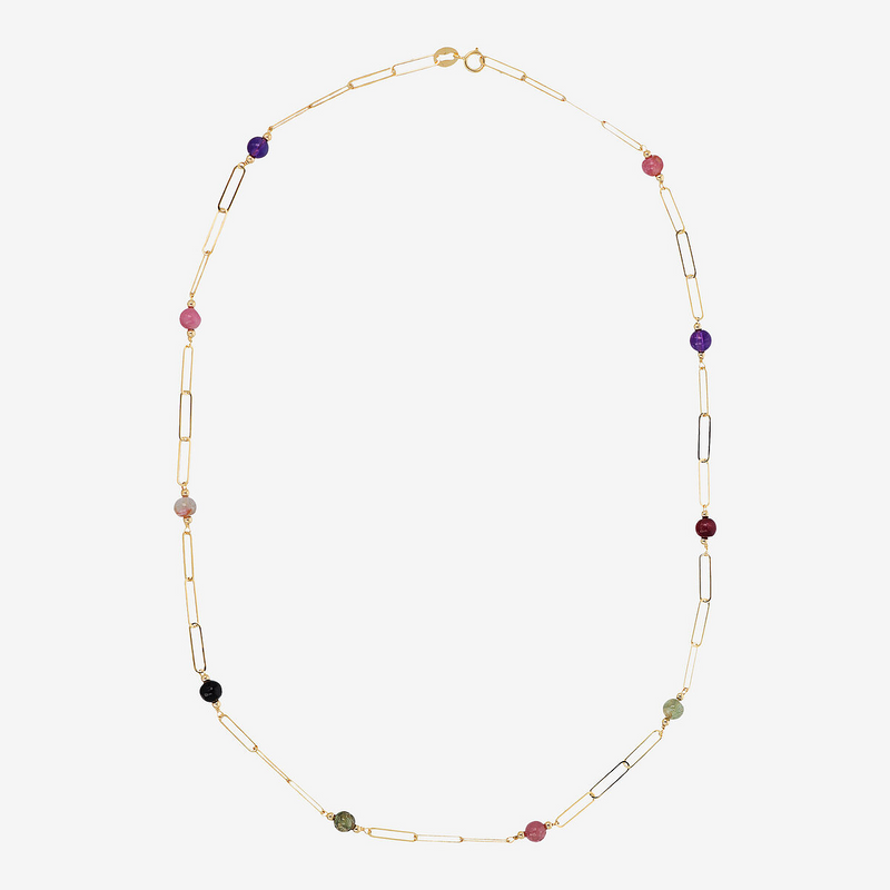 375 Gold Elongated Forzatina Link Necklace with Multicolored Natural Stones