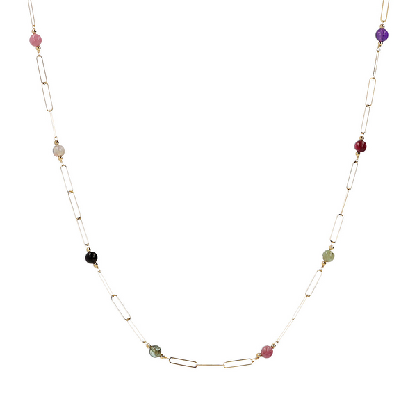 375 Gold Elongated Forzatina Link Necklace with Multicolored Natural Stones