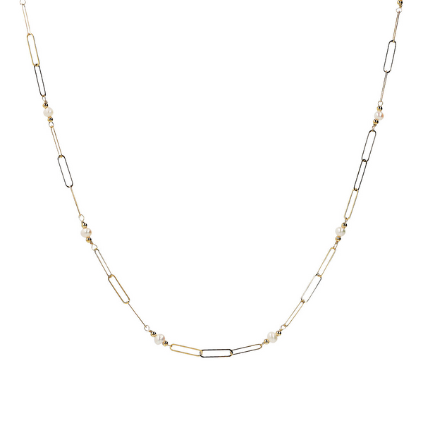 375 Gold Elongated Forzatina Necklace with White Freshwater Pearls