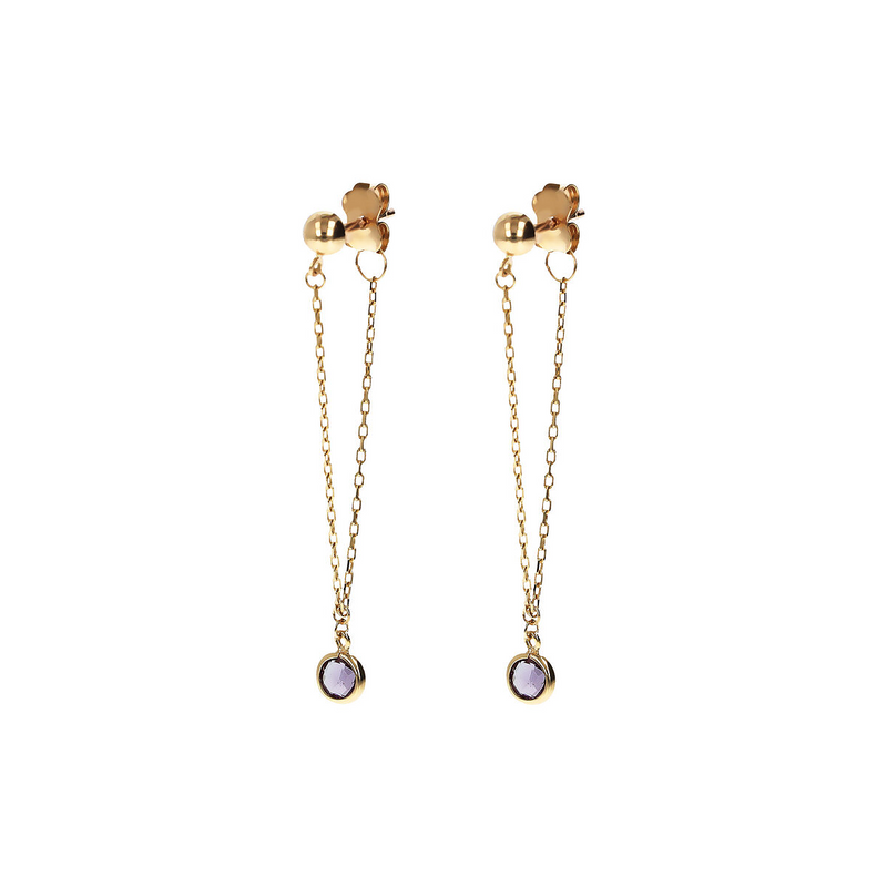 375 Gold Pendant Earrings with Double Chain Forzatina and Purple Cubic Zirconia Light Point 