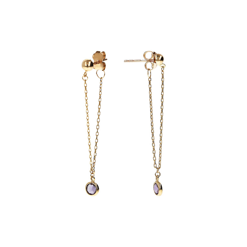 375 Gold Pendant Earrings with Double Chain Forzatina and Purple Cubic Zirconia Light Point 