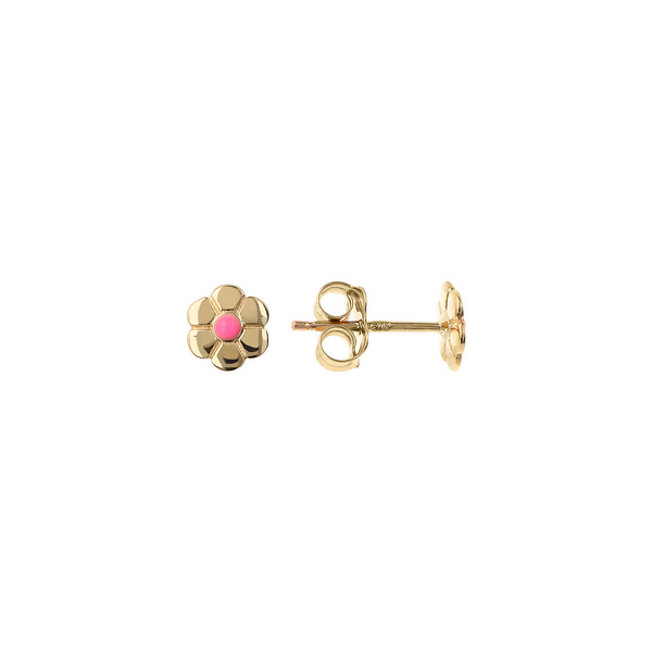 375 Gold Lobe Earrings with Pink Enamel Flowers