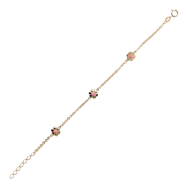 375 Gold Rolo Chain Bracelet with Pink Enamel Flowers