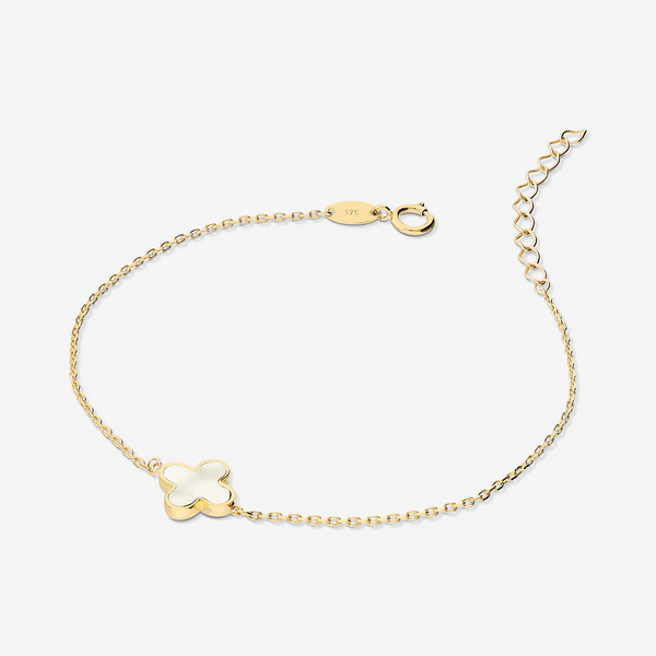 Gold 375 Glitter Link Bracelet with Natural Stone Clover