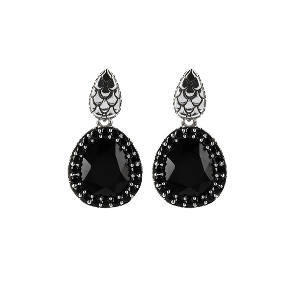 Pendant Earrings in 925 Silver Mermaid Texture with Black Spinel and Pavé Natural Stone