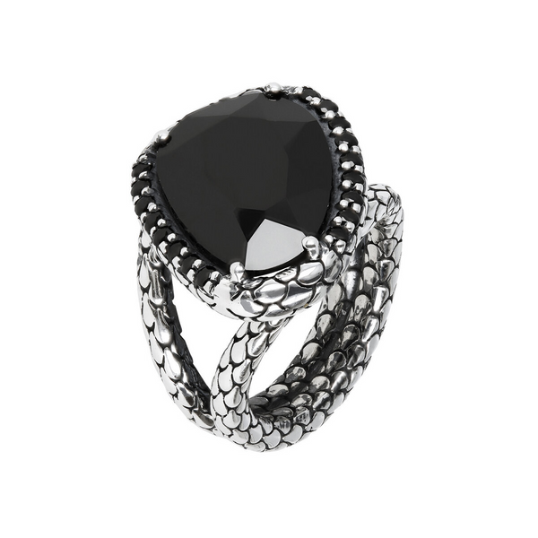925 Silver Band Ring with Mermaid Texture and Black Spinel