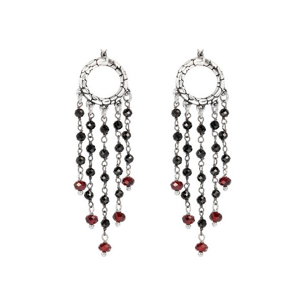 Pendant Earrings in Rhodium Plated 925 Silver with Textured Rings and Natural Spinel and Garnet Stones