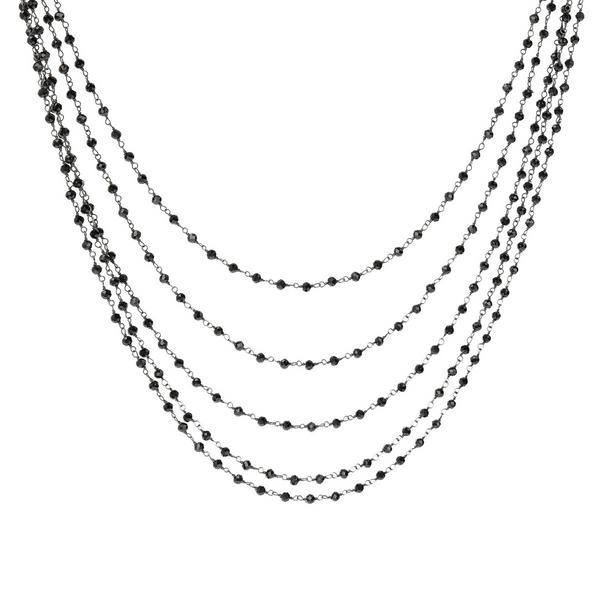 Mehrsträngige Rosenkranz-Halskette aus rhodiniertem 925er Silber mit schwarzem Spinell-Naturstein
